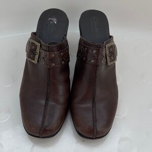 Clarks Dark Brown Leather Mules with Metal Buckle